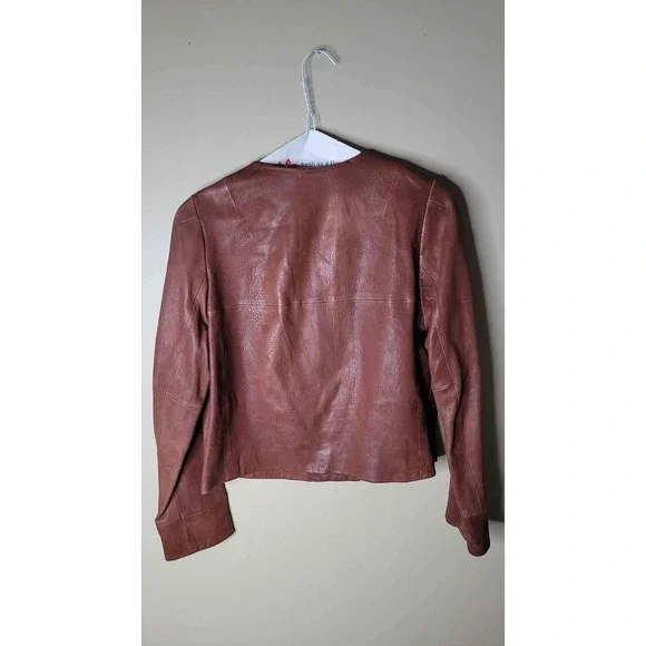 Brown Leather Jacket Asymmetrical Button Cropped Petite S Shophisticated Classic - Picture 4 of 6